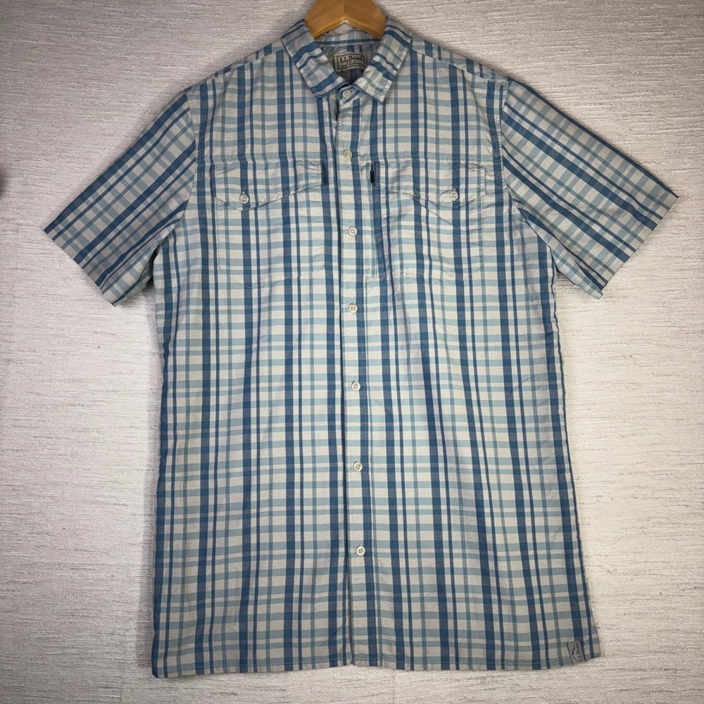 LL Bean Mens Blue Plaid Short Sleeve Hiking Shirt Performance Large No Size Tag
